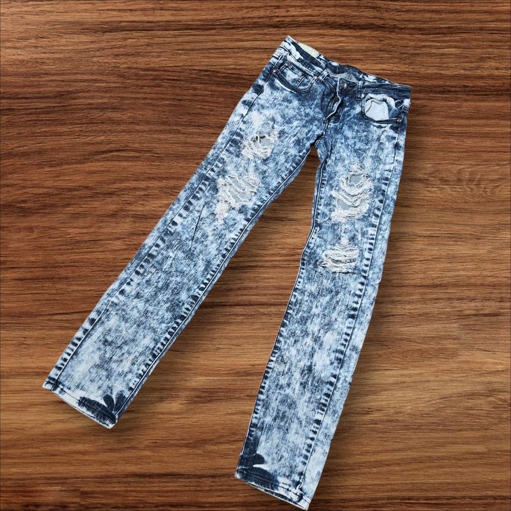 Machine Denim Disressed Acid Washed Ultra Low Rise Jeans